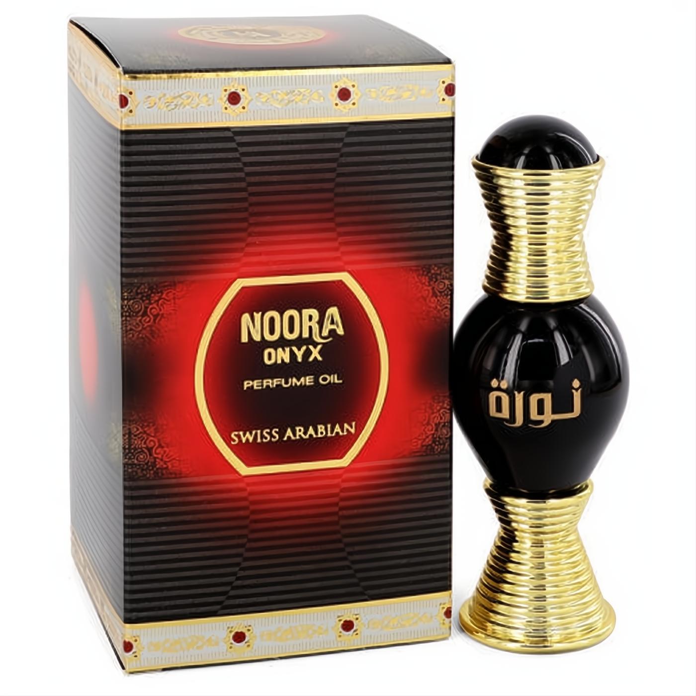 Luxurious Swiss Arabian Noora Onyx perfume oil. Ornate black bottle with gold ribbed accents, beside its elegant black and gold box.