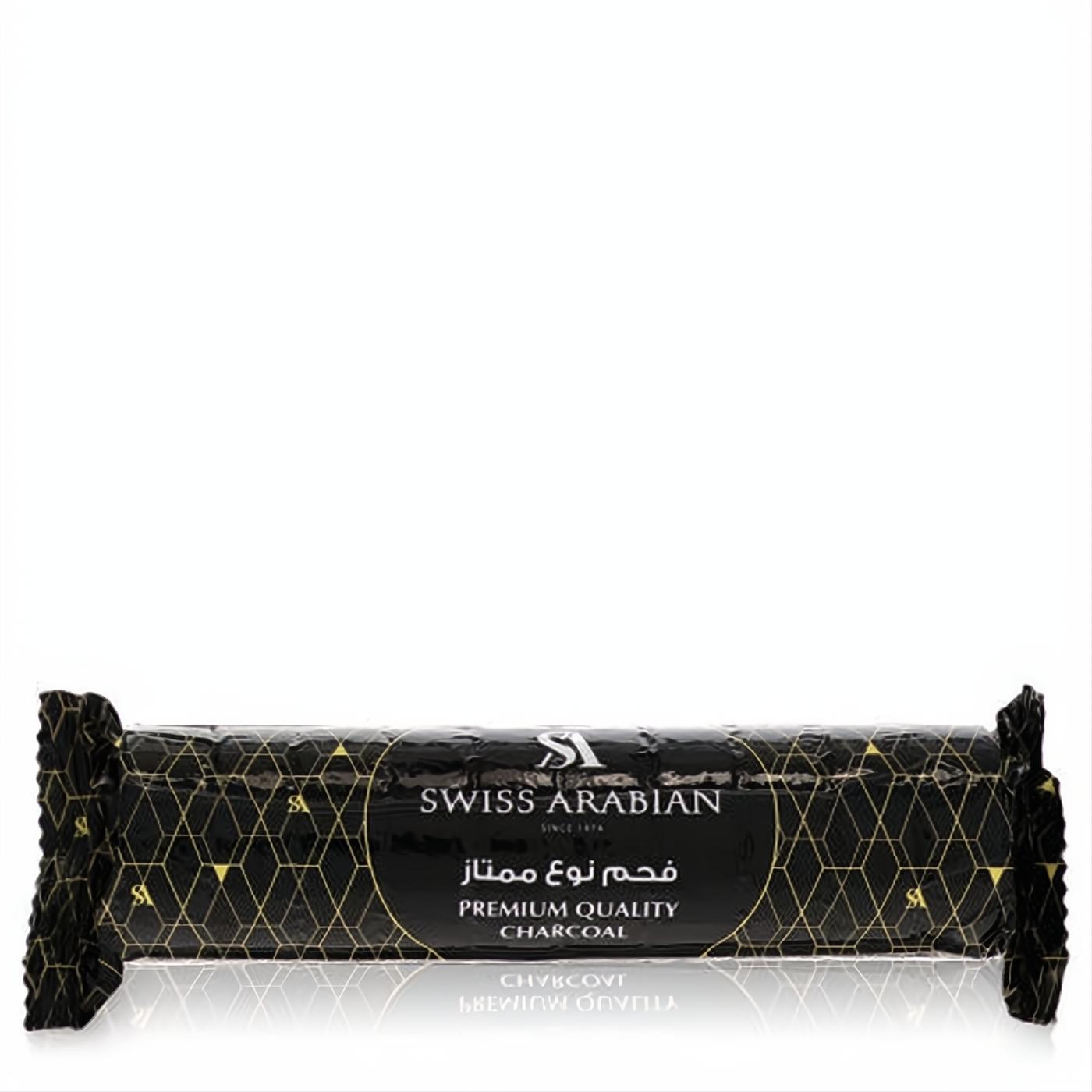 Premium Swiss Arabian Charcoal in a sleek black and gold package with a sophisticated geometric design.