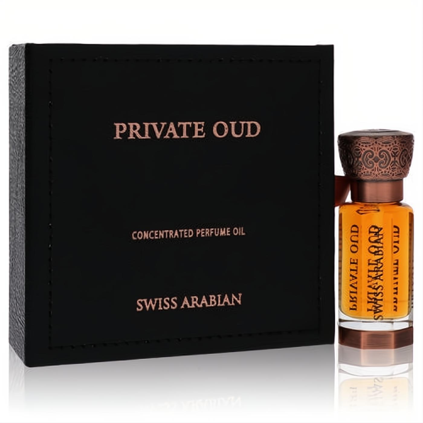 Elegant black Swiss Arabian Private Oud unisex perfume oil box with gold text, beside a .4 oz amber bottle with an ornate bronze cap.