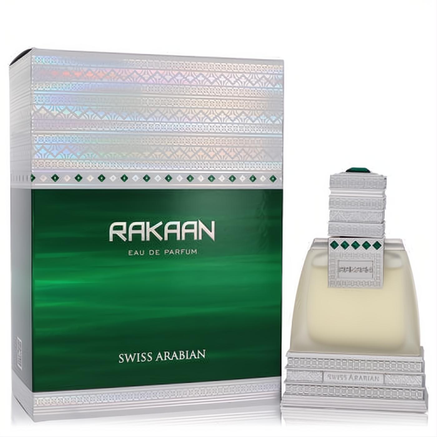 Luxurious Swiss Arabian Rakaan 1.7 oz EDP. Elegant frosted bottle with ornate silver cap, green accents, and sophisticated green box.