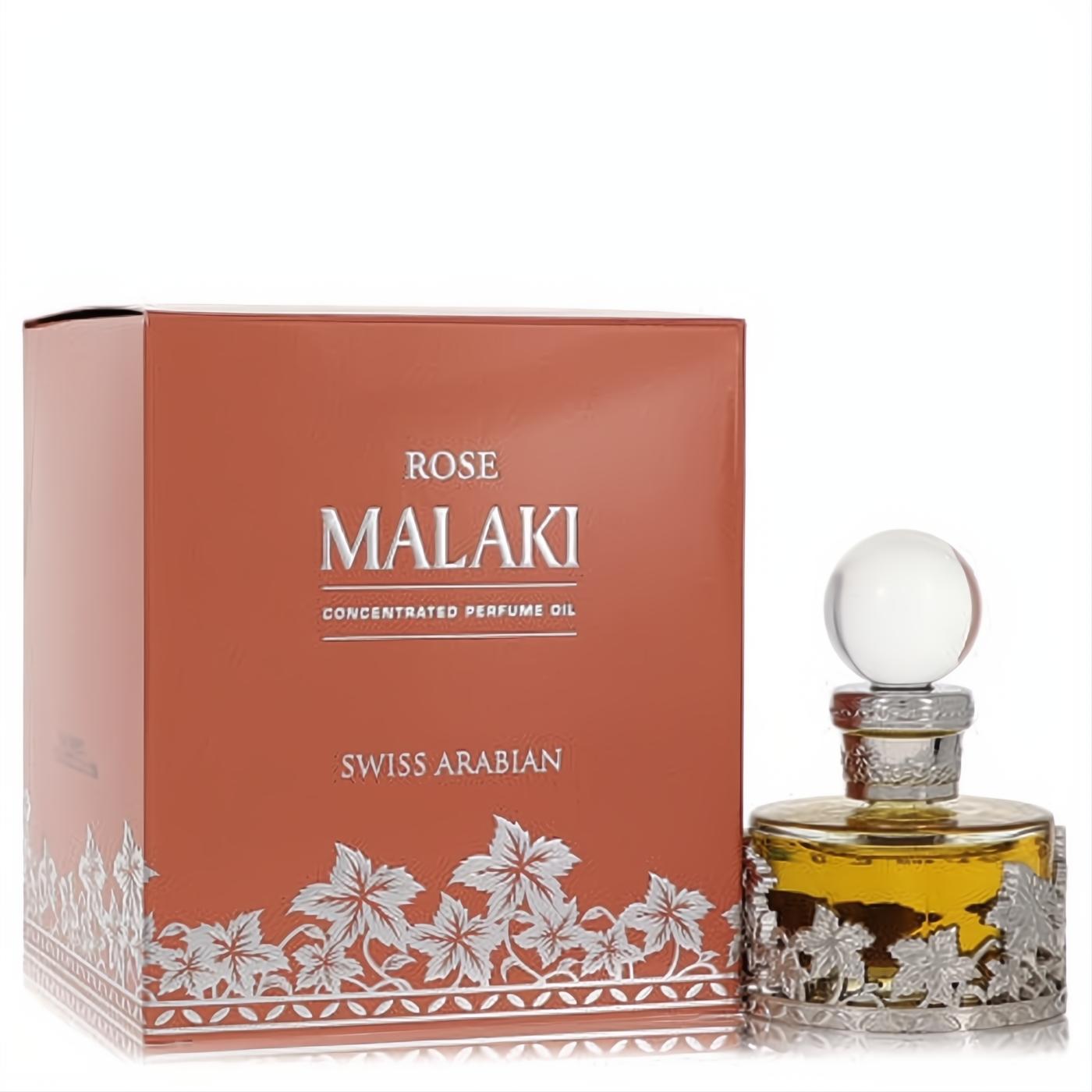 Luxurious Swiss Arabian Rose Malaki perfume oil. Golden liquid in an ornate silver-tone bottle, next to its elegant terracotta box with silver leaf accents.