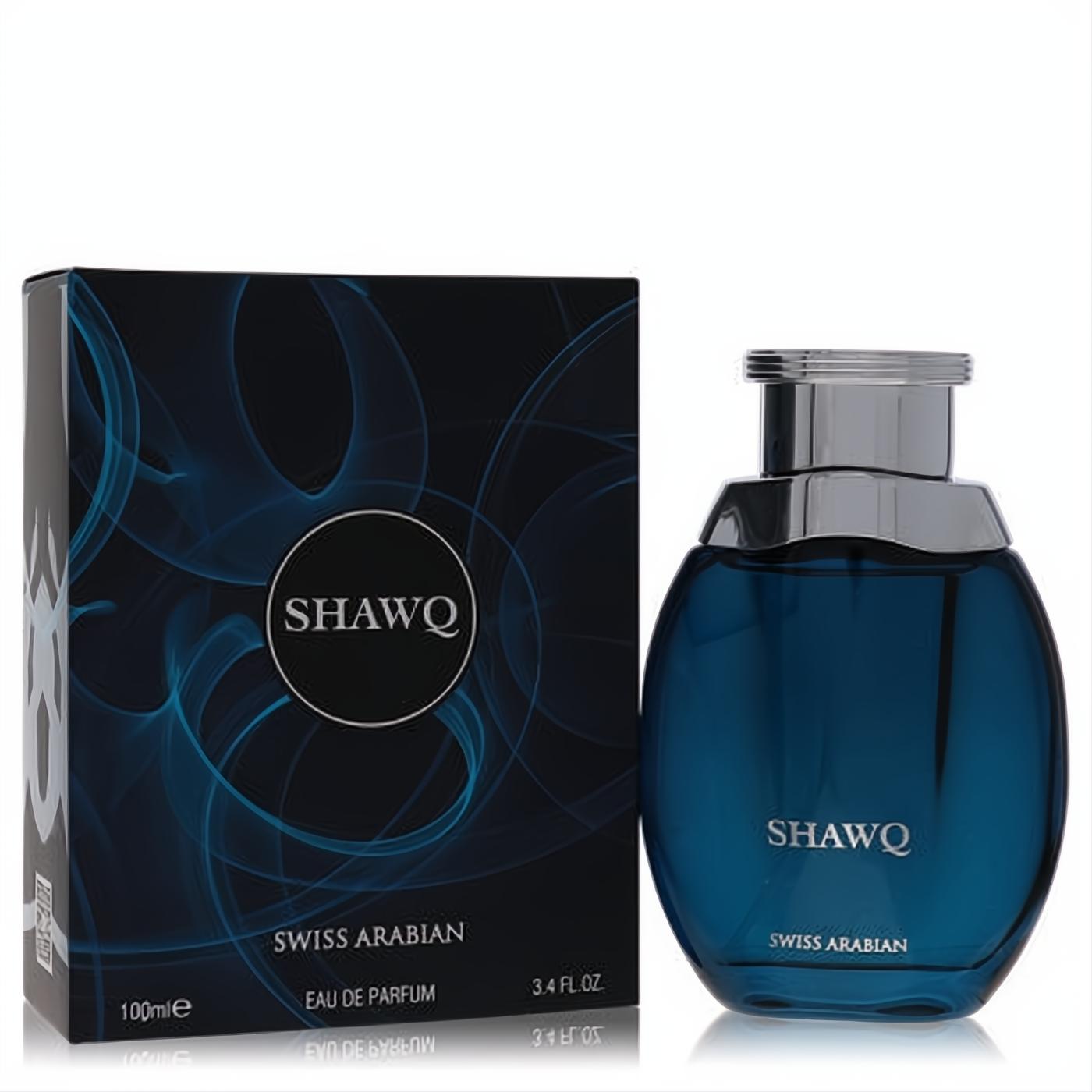 Discover Swiss Arabian Shawq unisex Eau De Parfum. Elegant deep blue 3.4 oz bottle with silver cap, paired with its striking dark blue patterned box.