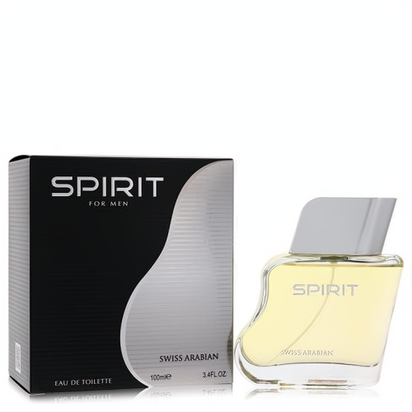 Swiss Arabian Spirit For Men 3.4 oz EDT. Distinctive clear glass bottle with light yellow cologne, silver cap, and bold black & silver box.