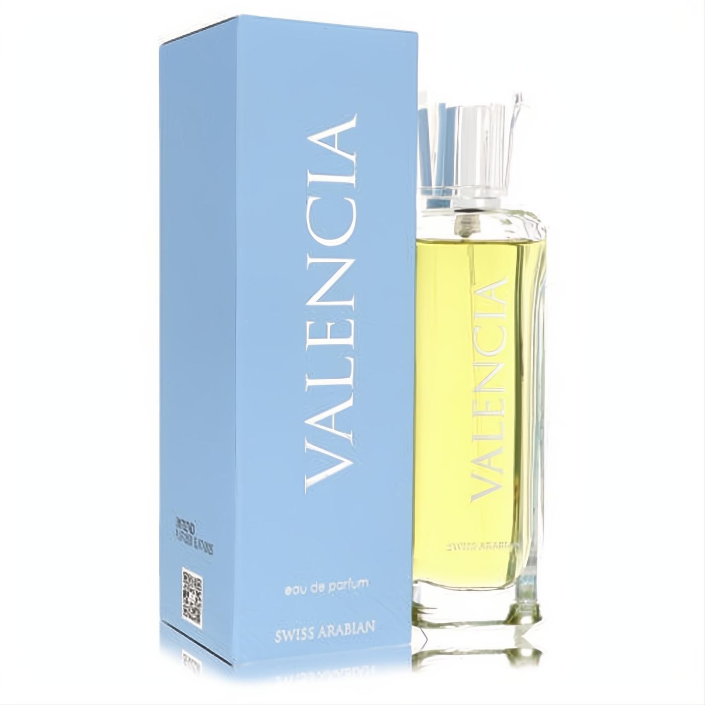 Elegant Swiss Arabian Valencia Eau De Parfum in a clear glass bottle with vibrant yellow liquid, alongside its signature light blue box.