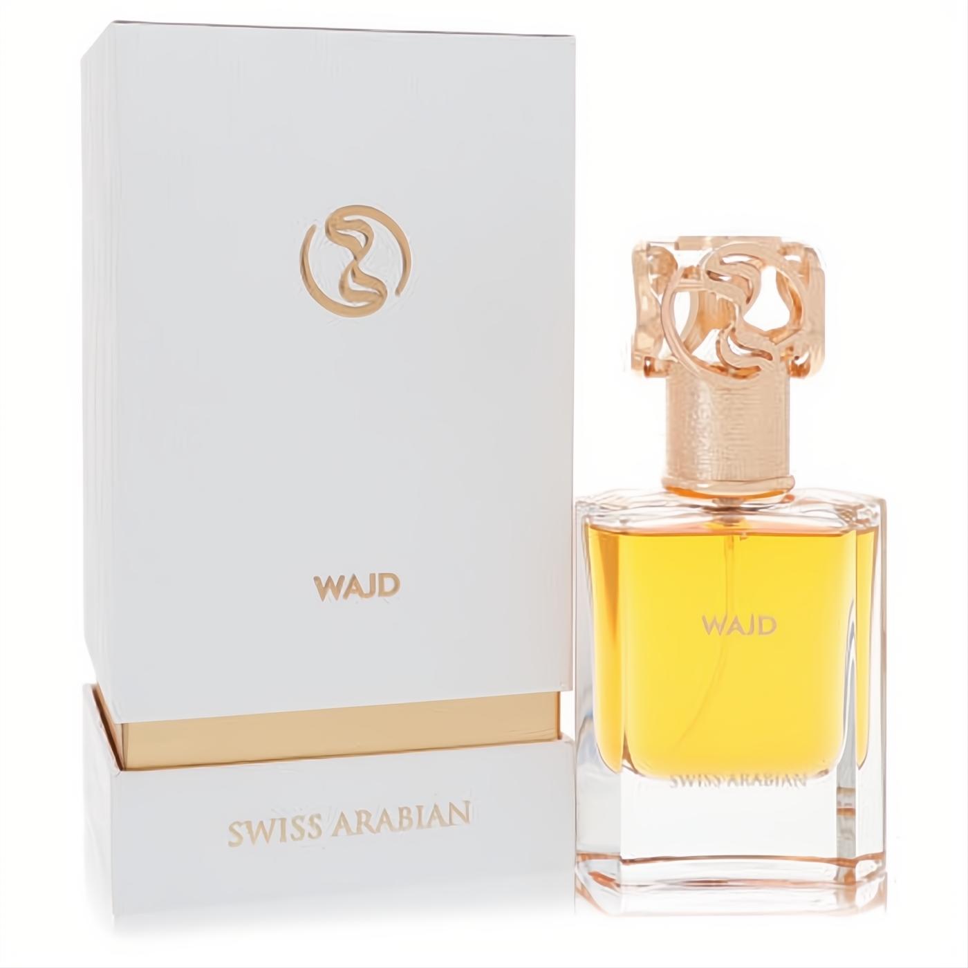 Luxurious Swiss Arabian Wajd unisex EDP. Golden liquid in a clear glass bottle with an ornate gold cap and elegant white box.