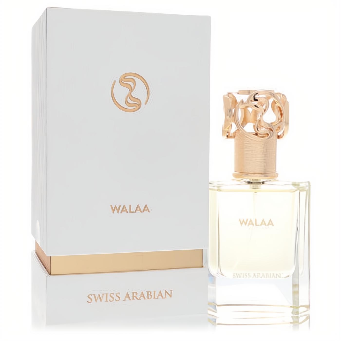 Discover Swiss Arabian Walaa unisex Eau de Parfum. Elegant clear glass bottle with a stunning gold sculptural cap and matching white & gold box.