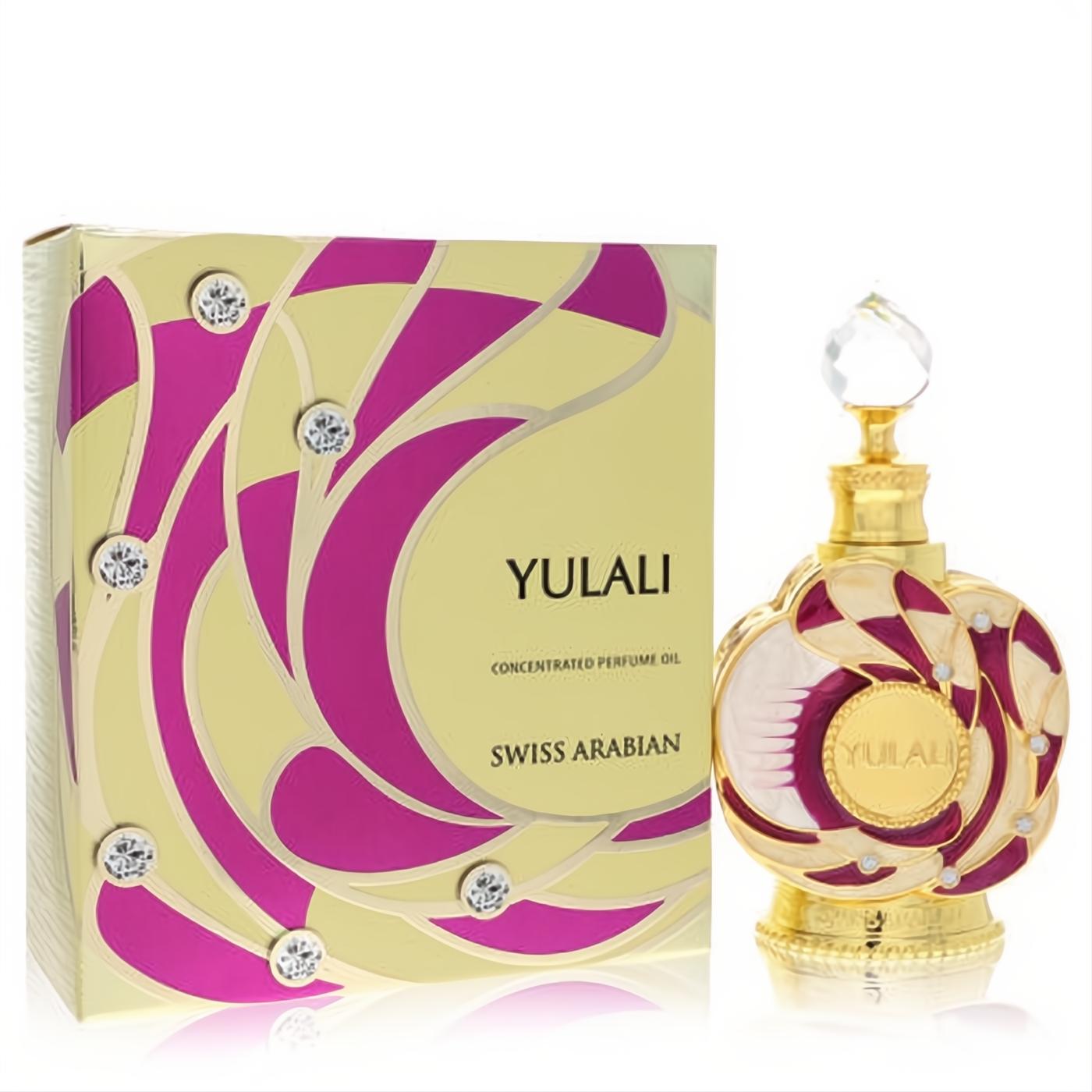 Exquisite Swiss Arabian Yulali .5 oz concentrated perfume oil. Ornate gold & magenta jeweled bottle with crystal stopper & matching box.