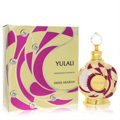Exquisite Swiss Arabian Yulali .5 oz concentrated perfume oil. Ornate gold & magenta jeweled bottle with crystal stopper & matching box.