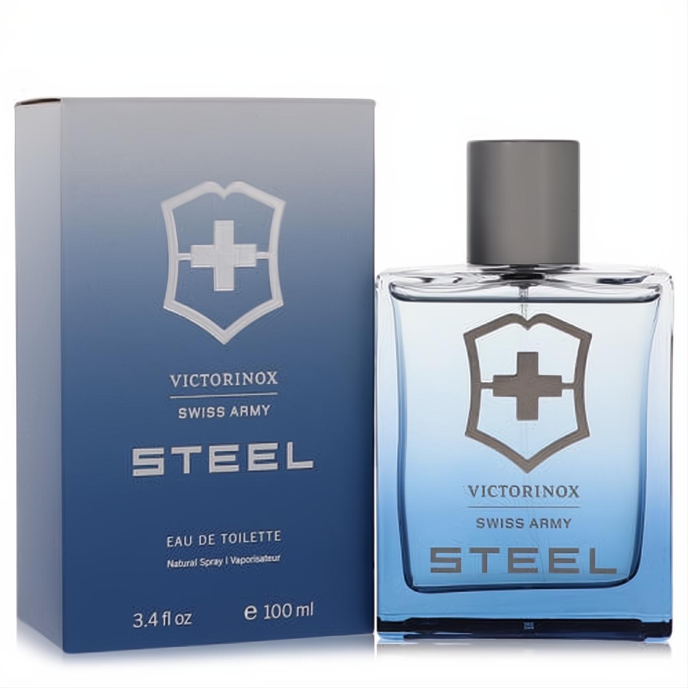 Victorinox Swiss Army Steel 3.4 oz EDT spray. Modern blue ombre bottle with iconic silver shield logo and matching box.