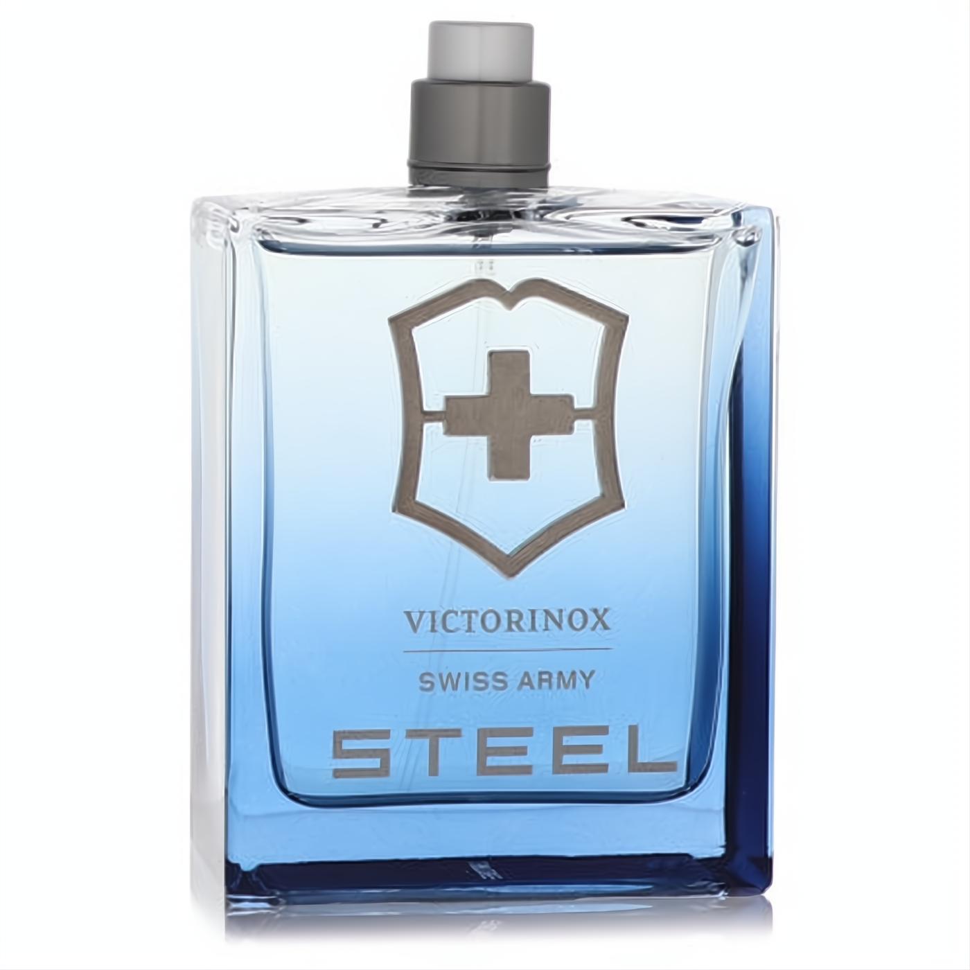 Bold Victorinox Swiss Army Steel men's fragrance in a sleek clear glass bottle with cool blue gradient and iconic shield.