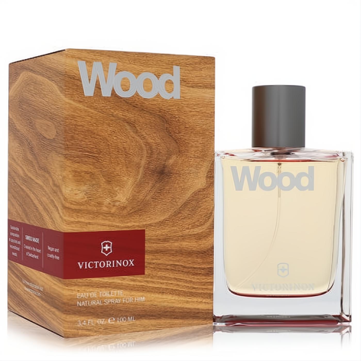 Victorinox Swiss Army Wood 3.4 oz EDT for men. Clear glass bottle with amber fragrance, sleek grey cap, and rustic wood-grain box.