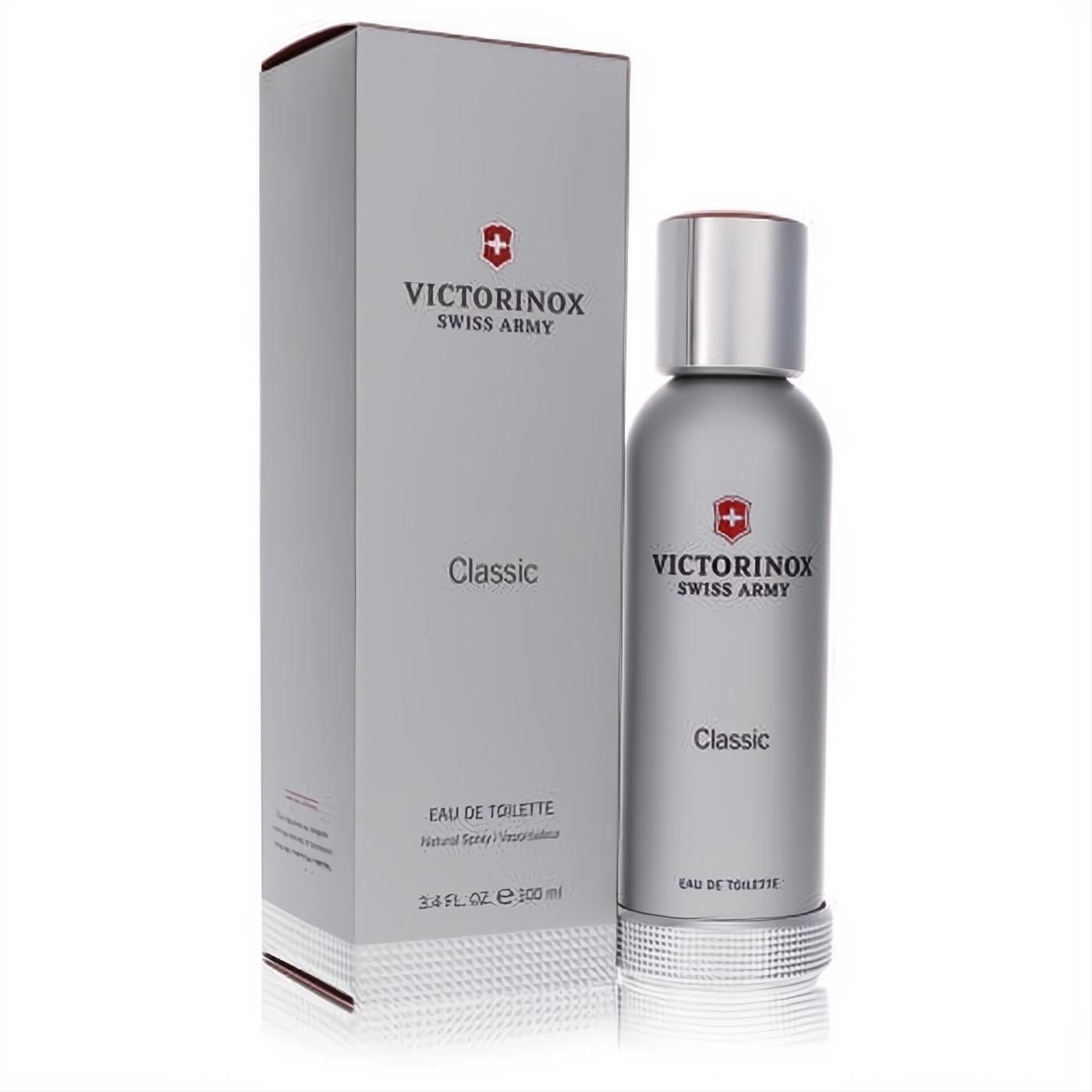 Victorinox Swiss Army Classic Eau De Toilette 3.4 oz. Sleek gray metallic bottle, silver cap, and matching box for a refreshing masculine scent.