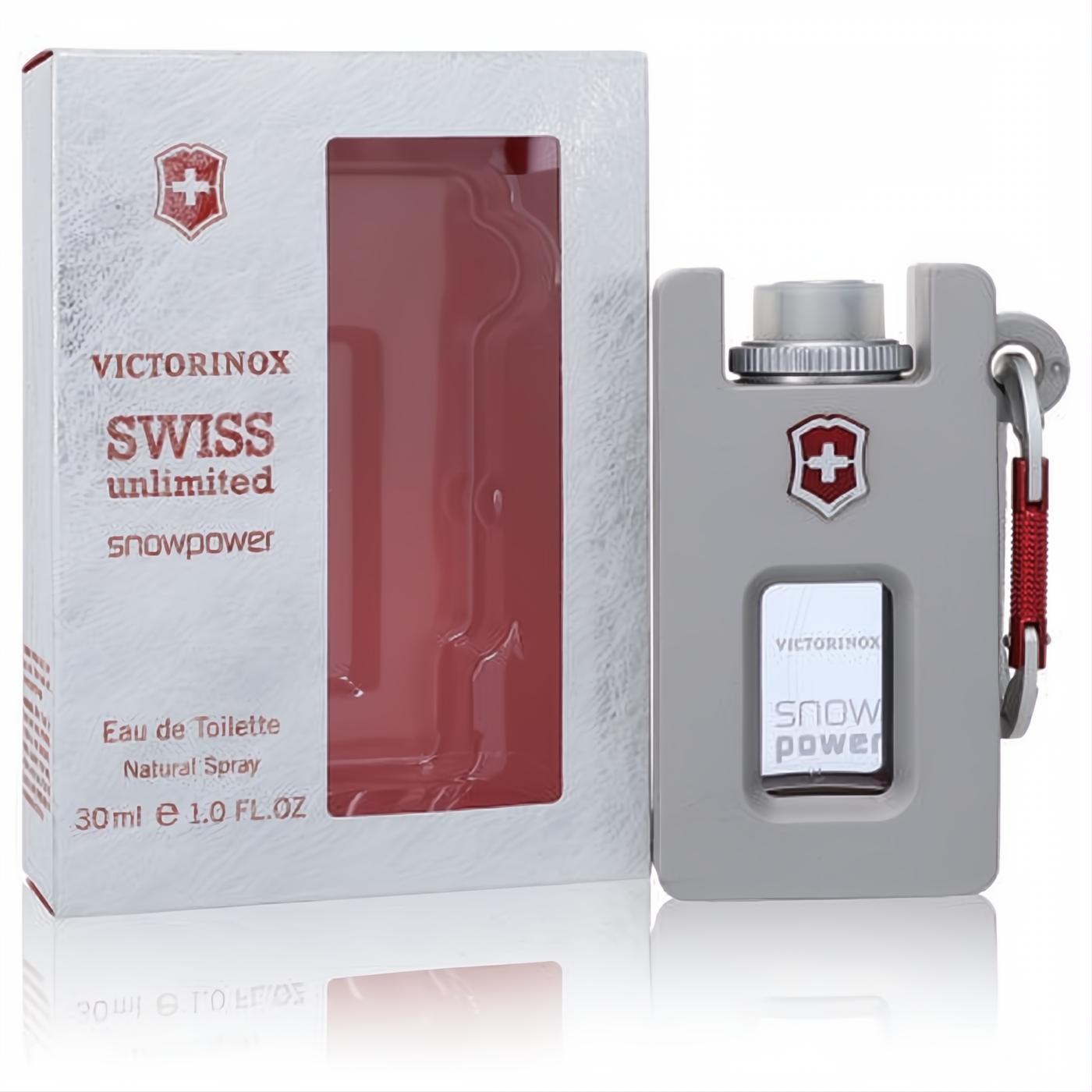 Victorinox Swiss Unlimited Snowpower 1 oz EDT. Unique grey bottle with red carabiner clip, displayed beside its white branded box.