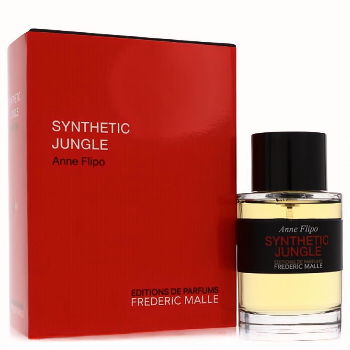 Luxurious Frederic Malle Synthetic Jungle 3.4 oz unisex EDP spray. Features a sleek clear bottle with black cap and vibrant red box.