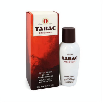 TABAC Original After Shave Spray 3.4 oz: elegant white bottle with a dark brown cap, beside its distinctive red and white box.