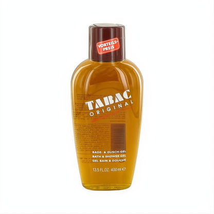 TABAC ORIGINAL 13.5 oz Bath & Shower Gel. Golden amber liquid in a sleek clear bottle with a dark brown cap, marked with a special price.