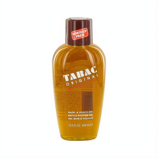 TABAC ORIGINAL 13.5 oz Bath & Shower Gel. Golden amber liquid in a sleek clear bottle with a dark brown cap, marked with a special price.
