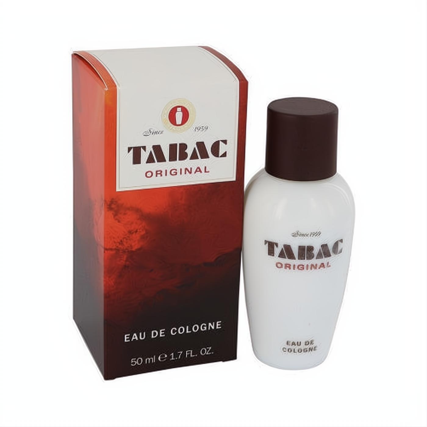 TABAC Original Eau de Cologne 1.7 oz. Iconic white bottle, dark brown cap, and striking red-brown box.