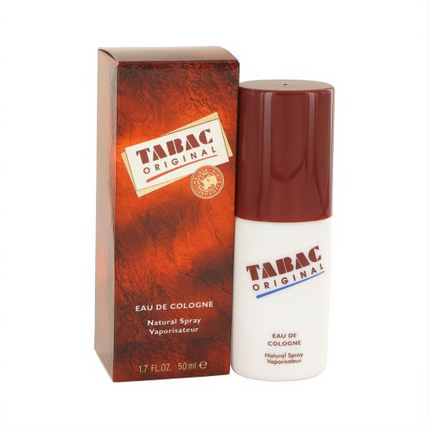 Tabac Original 1.7 oz cologne spray. White bottle, rich brown cap, and iconic textured brown box for a timeless scent.