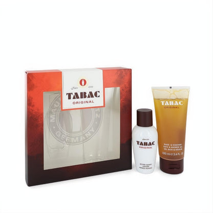 Tabac Original men's fragrance gift set: red box, white 1.7oz after shave lotion, and amber 3.4oz shower gel.