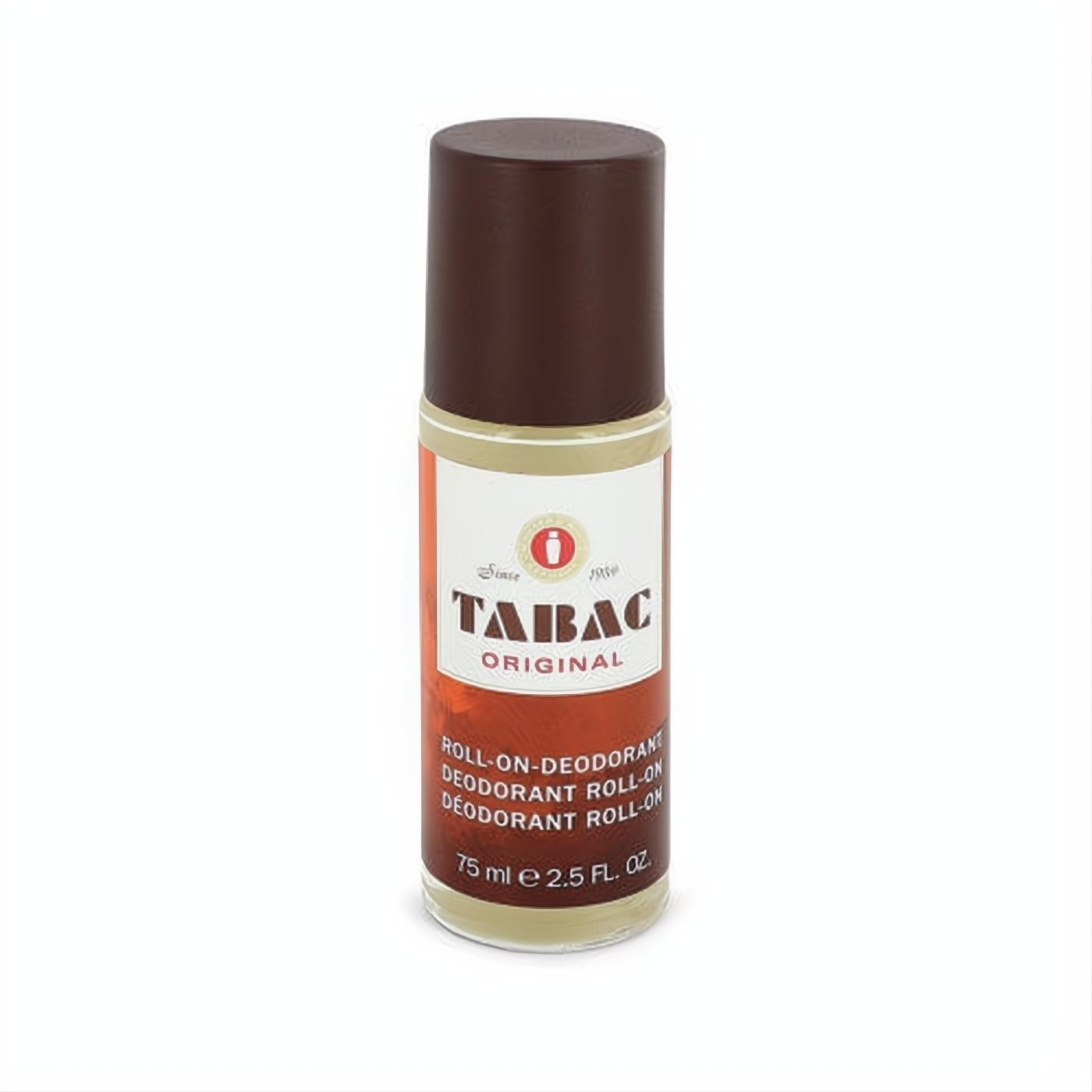 Tabac Original 2.5 oz roll-on deodorant. Masculine scent in a clear bottle with a dark brown cap and signature red label.