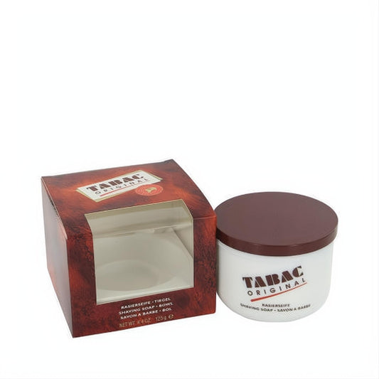 Elevate your shave with TABAC Original 4.4 oz shaving soap. White bowl, dark brown lid, and classic reddish-brown box.