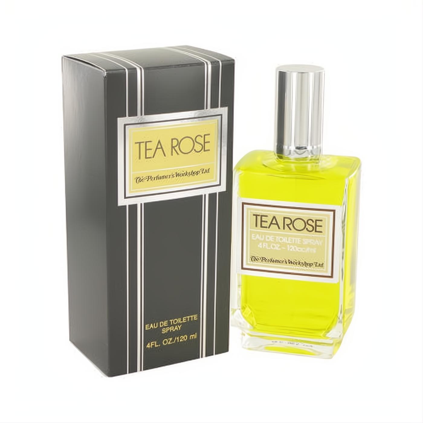 TEA ROSE 4oz EDT spray: clear glass bottle with vibrant yellow liquid and silver cap, next to its sleek dark grey box.