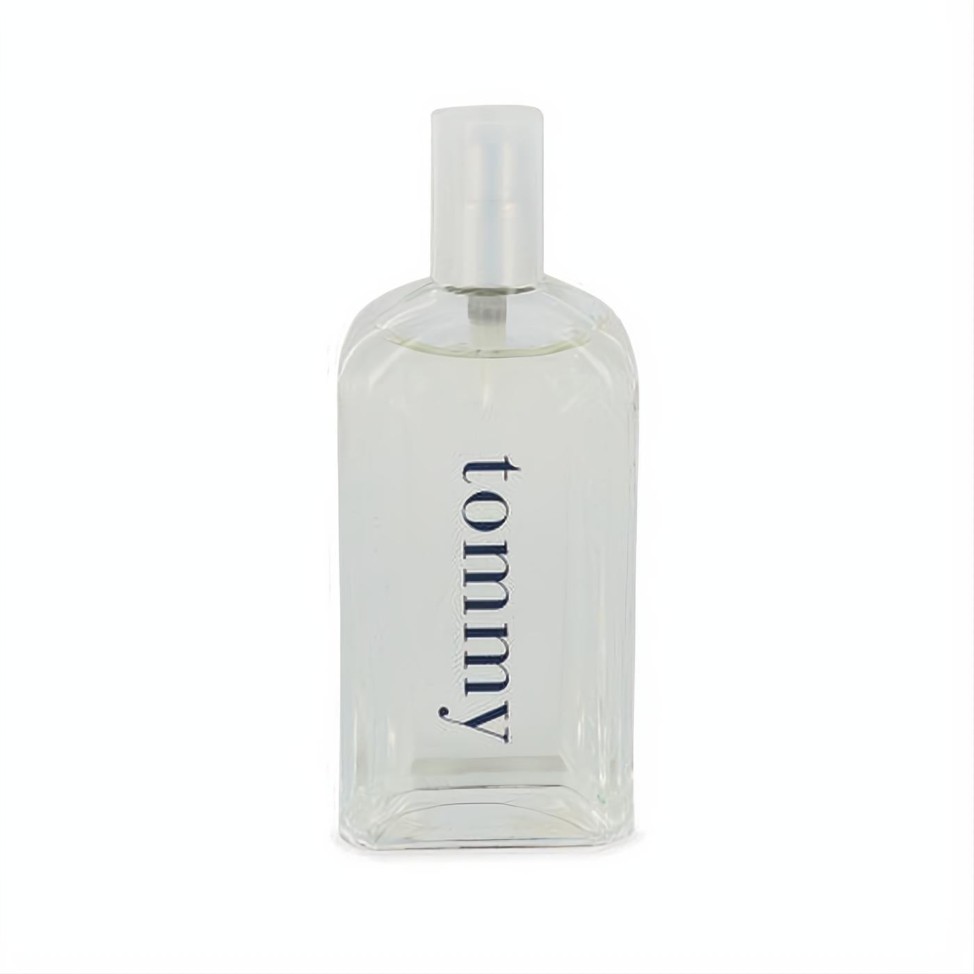 Experience Tommy Hilfiger cologne. Clear rectangular glass bottle, frosted cap, iconic vertical blue "tommy" branding.