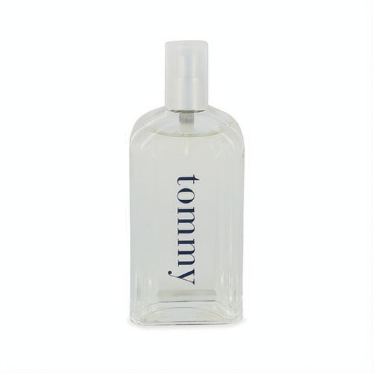 Experience Tommy Hilfiger cologne. Clear rectangular glass bottle, frosted cap, iconic vertical blue "tommy" branding.