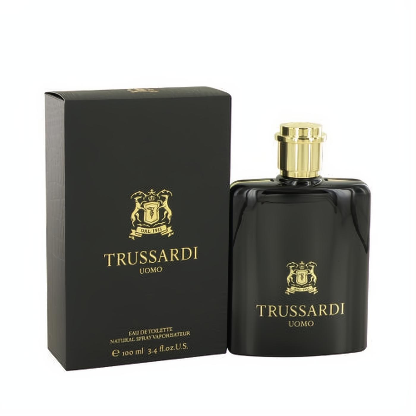 Trussardi Uomo Eau De Toilette 3.4 oz. Sleek black bottle, gold cap & crest. Iconic masculine fragrance for everyday wear.