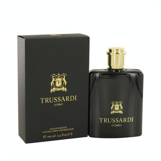Trussardi Uomo Eau De Toilette 3.4 oz. Sleek black bottle, gold cap & crest. Iconic masculine fragrance for everyday wear.