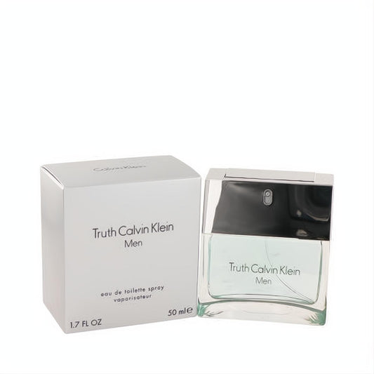 Truth Calvin Klein Men 1.7 oz EDT spray. Modern clear glass bottle with refreshing green liquid, elegant white box.