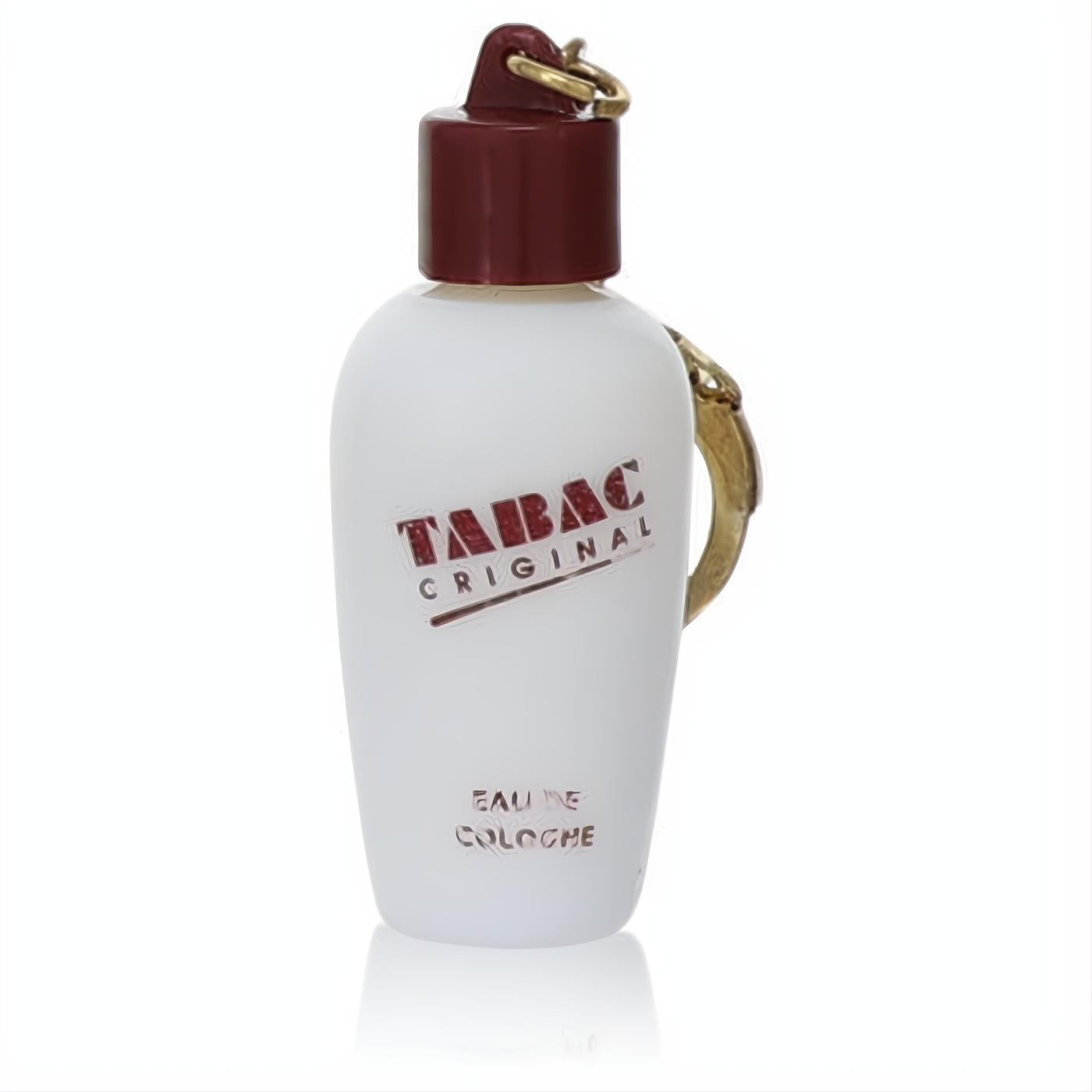 Tabac Original men's .13 oz mini cologne. Frosted white bottle, maroon cap, and gold keyring for on-the-go fragrance.