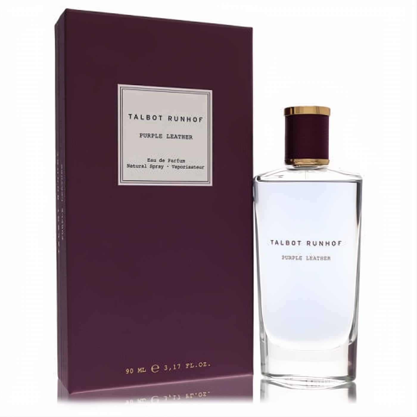 Luxurious women's Talbot Runhof Purple Leather 3.17 oz Eau De Parfum. Clear bottle, rich purple cap, elegant matching box.