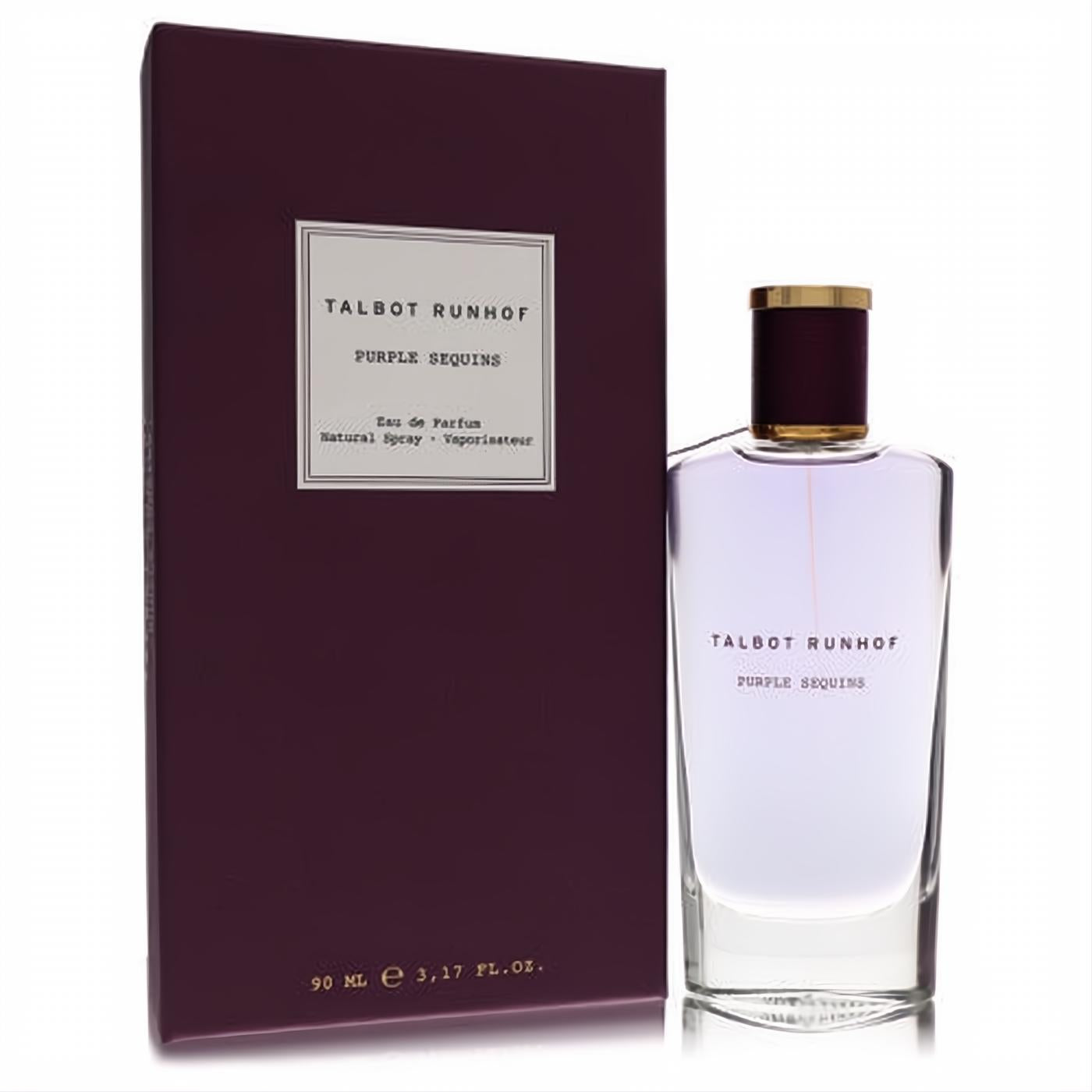 Sophisticated Talbot Runhof Purple Sequins 3.17 oz EDP. Clear bottle with light lavender liquid, rich plum cap, and elegant matching box.