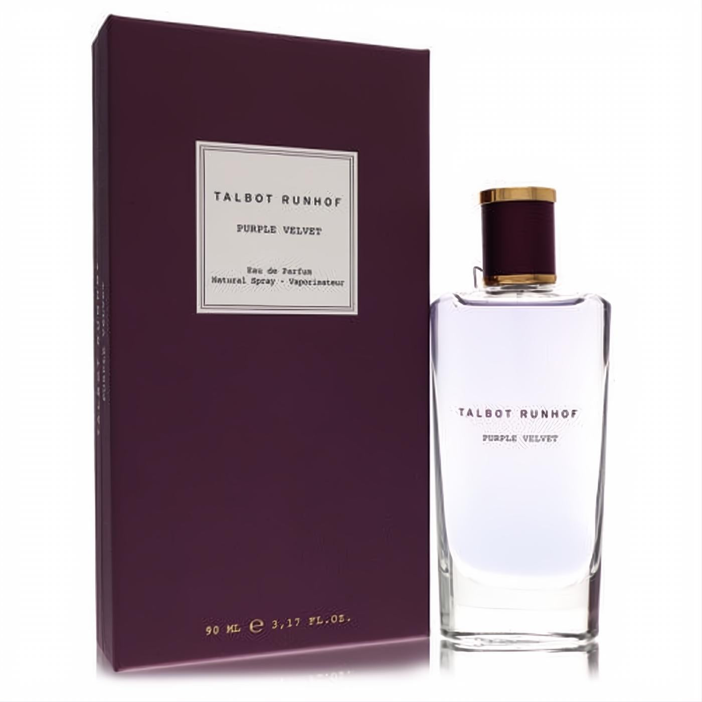 Talbot Runhof Purple Velvet Eau De Parfum spray, 3.17 oz. Elegant glass bottle with purple cap and rich purple box.