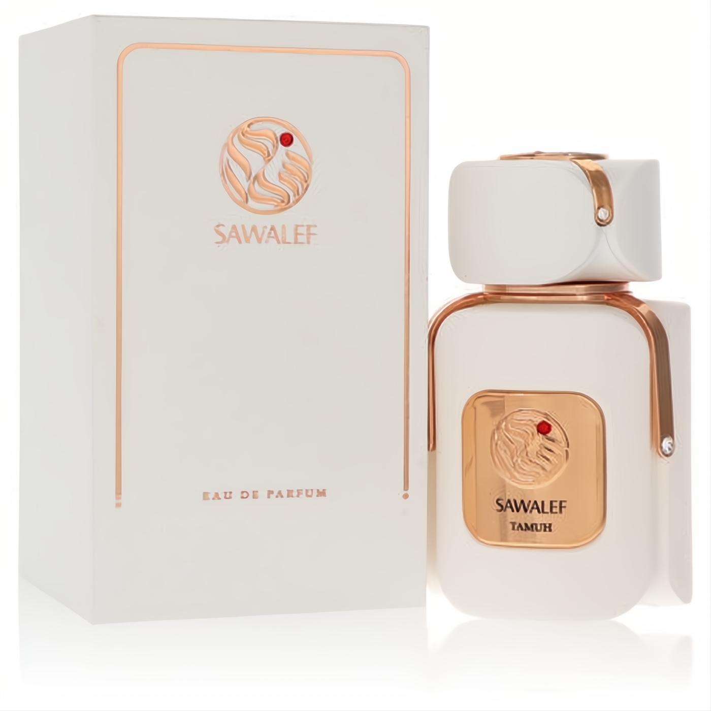 Discover Tamuh by Sawalef unisex Eau De Parfum spray. Elegant white bottle with rose gold accents and a distinctive emblem.