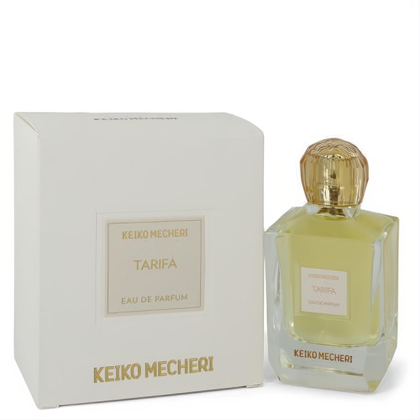 Tarifa by Keiko Mecheri unisex Eau De Parfum. Elegant clear glass bottle, golden textured cap, and pristine white box.