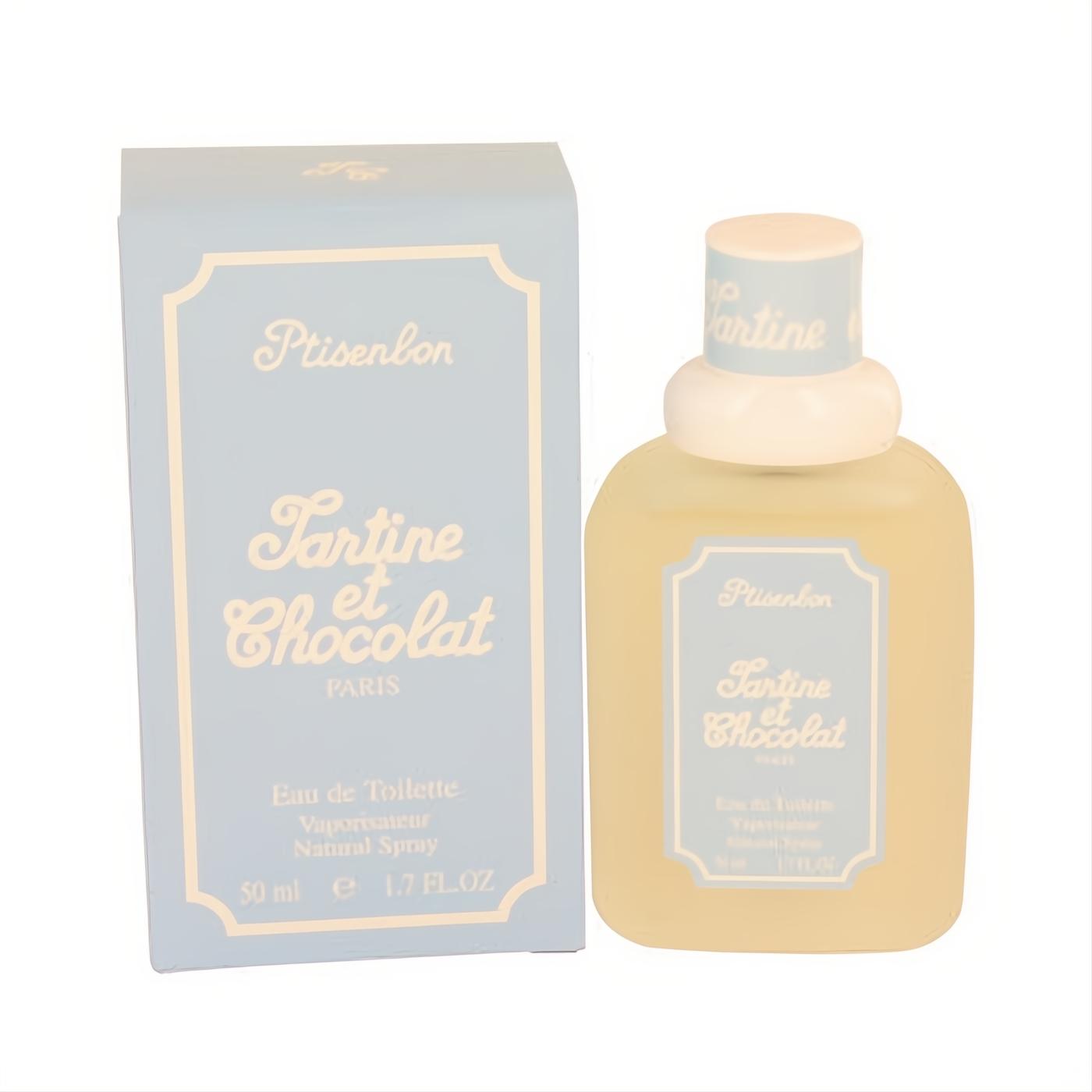 Delightful Tartine et Chocolat Ptisenbon Givenchy 1.7 oz EDT spray. Features a light blue box & clear glass bottle with white cap.