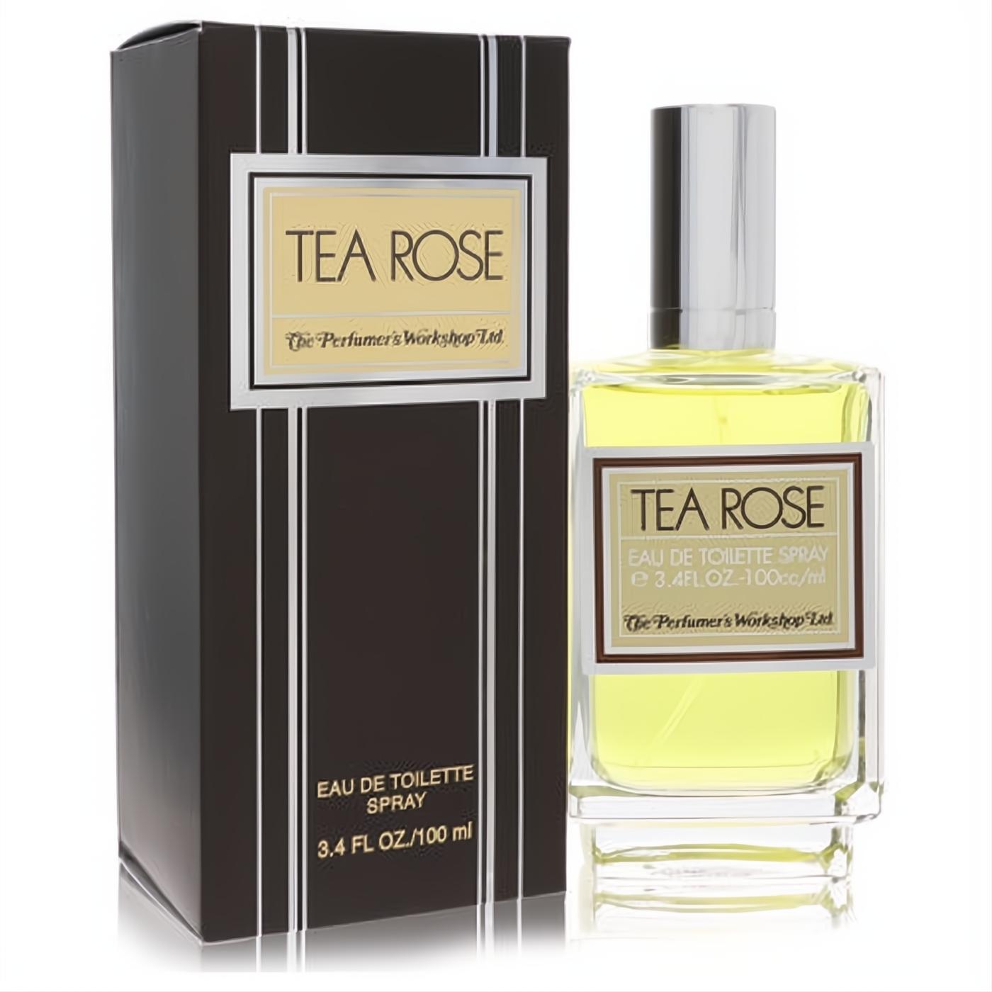 Tea Rose Eau De Toilette 3.4 oz spray. Clear glass bottle with golden liquid, silver cap, and elegant dark brown box.