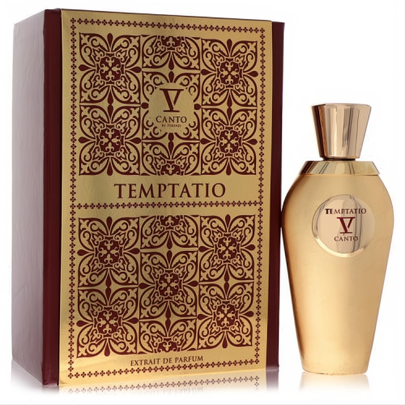 Luxurious V Canto Temptatio V Extrait De Parfum: elegant gold bottle with ornate red and gold box.