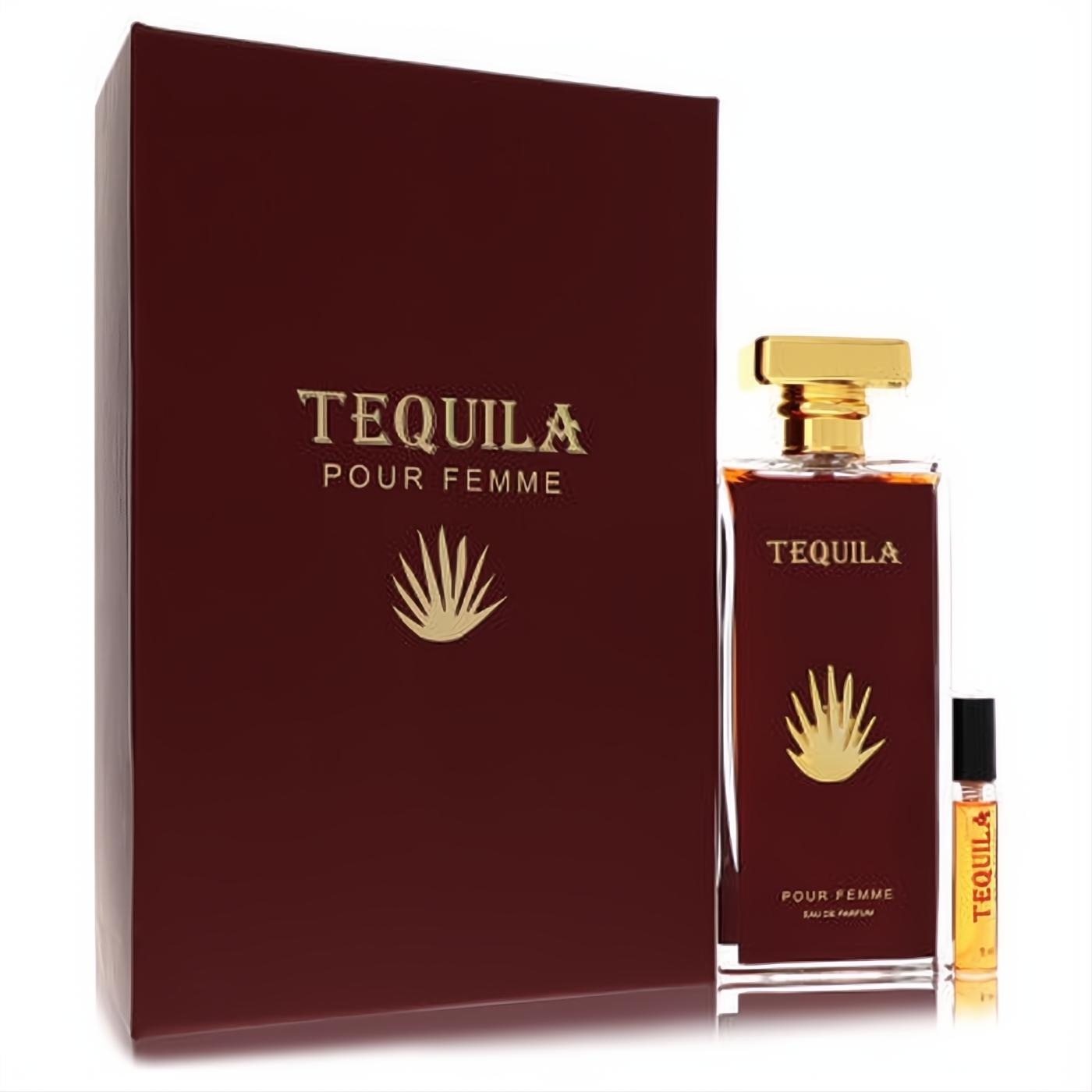 Tequila Pour Femme Red 3.3 oz EDP and bonus .17 oz mini spray. Elegant deep burgundy bottle, gold cap, and matching gift box.