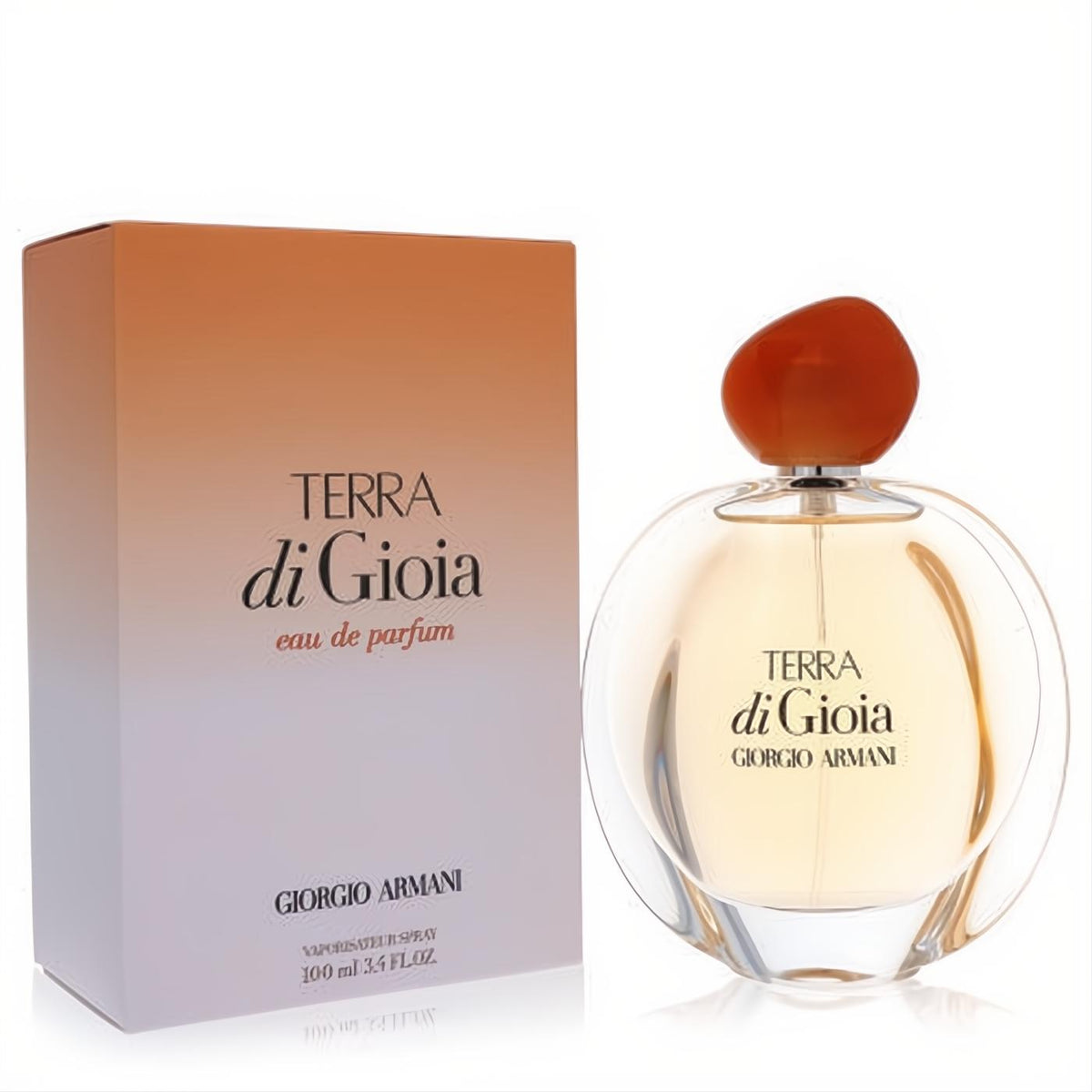 Terra Di Gioia Giorgio Armani 3.4 oz EDP for women. Elegant clear glass bottle, amber pebble cap, warm ombre box.