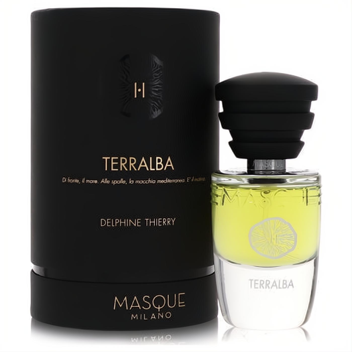 Terralba Masque Milano unisex EDP. Clear bottle with bright yellow-green fragrance, black ribbed cap, and elegant black & gold box.