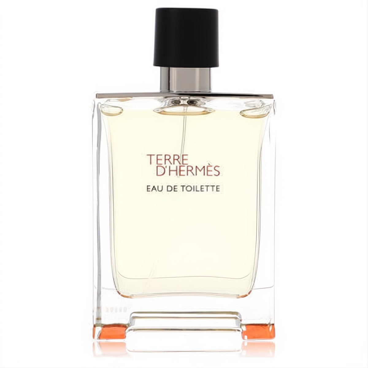 Terre D'Hermes 3.4 oz EDT spray tester. Sophisticated clear glass bottle, black cap, warm amber liquid, and iconic orange base.