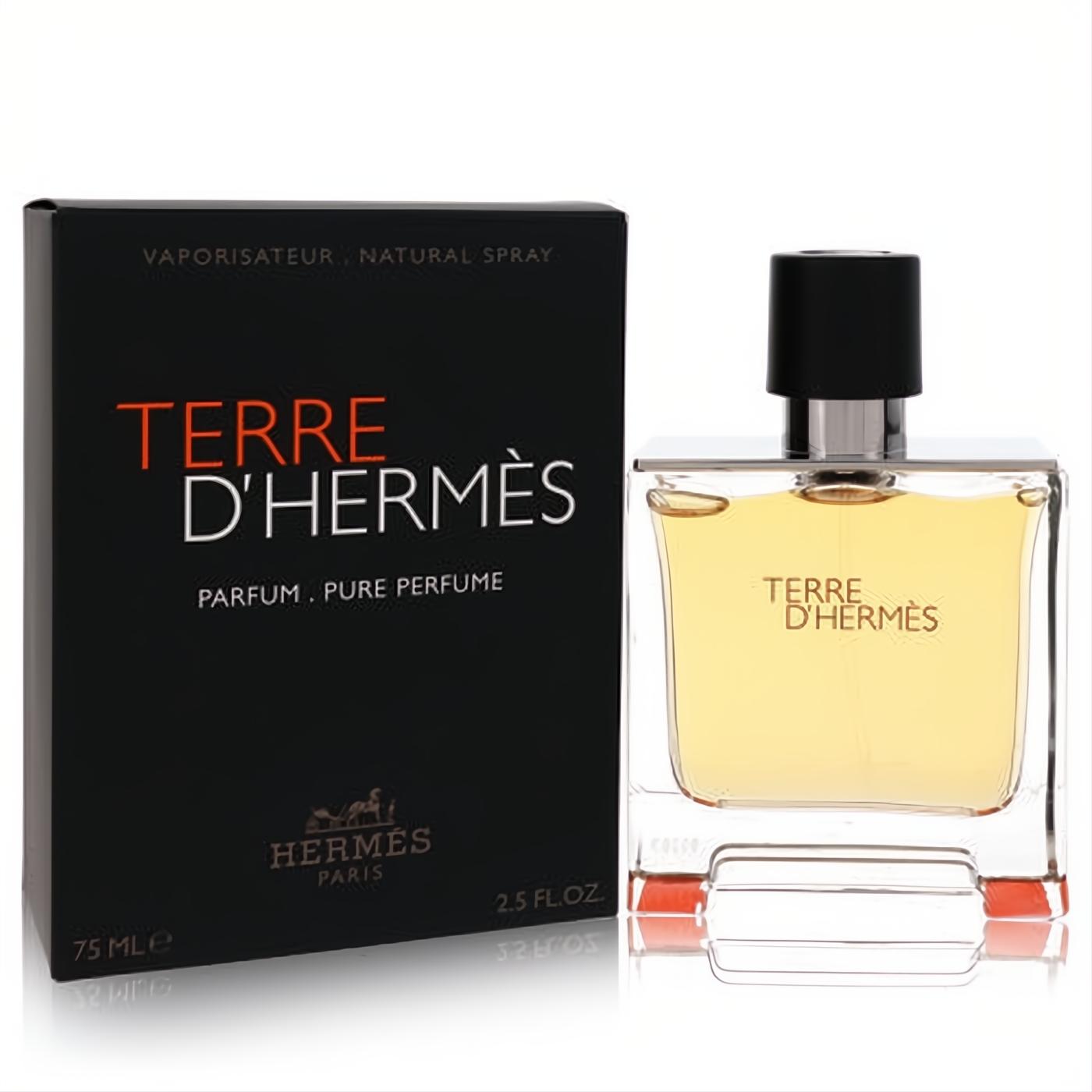 Hermes Terre D'Hermes Pure Perfume 2.5 oz spray. Elegant clear glass bottle, golden liquid, black cap, red accent, and sleek black box.