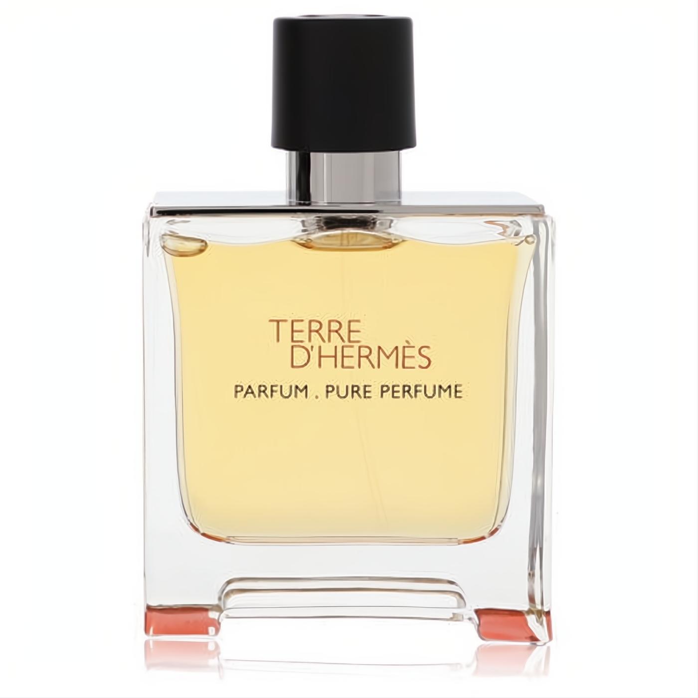 Terre D'Hermes men's pure perfume, 2.5 oz. Square clear glass bottle with amber liquid, sleek black cap, and unique orange base.