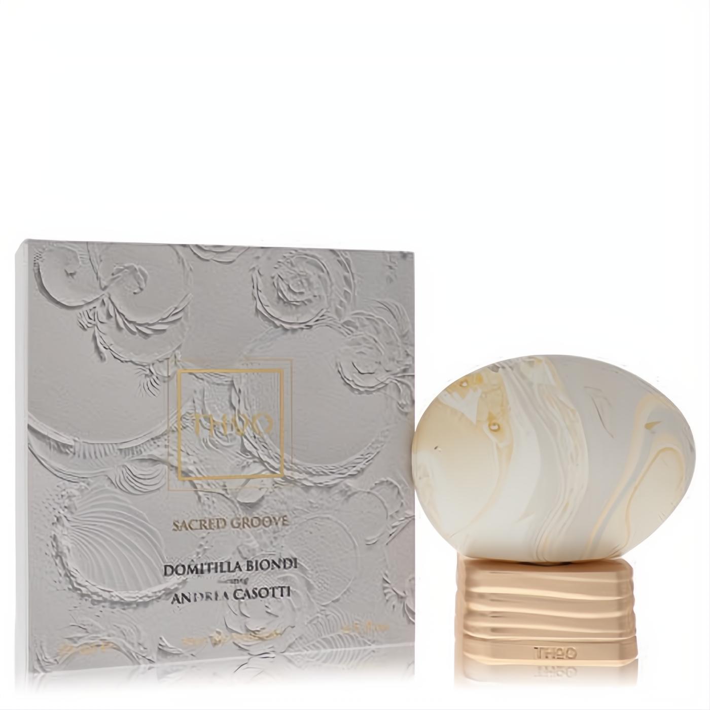 Luxurious Sacred Groove 2.5 oz unisex EDP. Features a stunning swirled cream marble bottle, gold ribbed base, and elegant embossed white box.