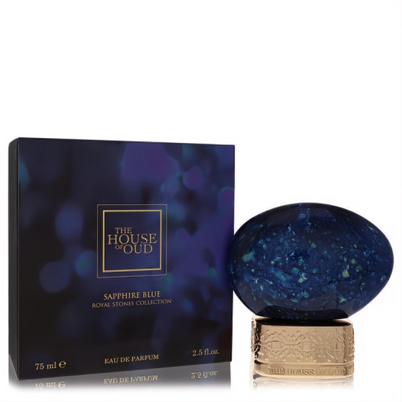 The House Of Oud Sapphire Blue 2.5 oz Eau de Parfum. Unique sapphire blue marbled bottle, gold embossed base, elegant dark blue box.