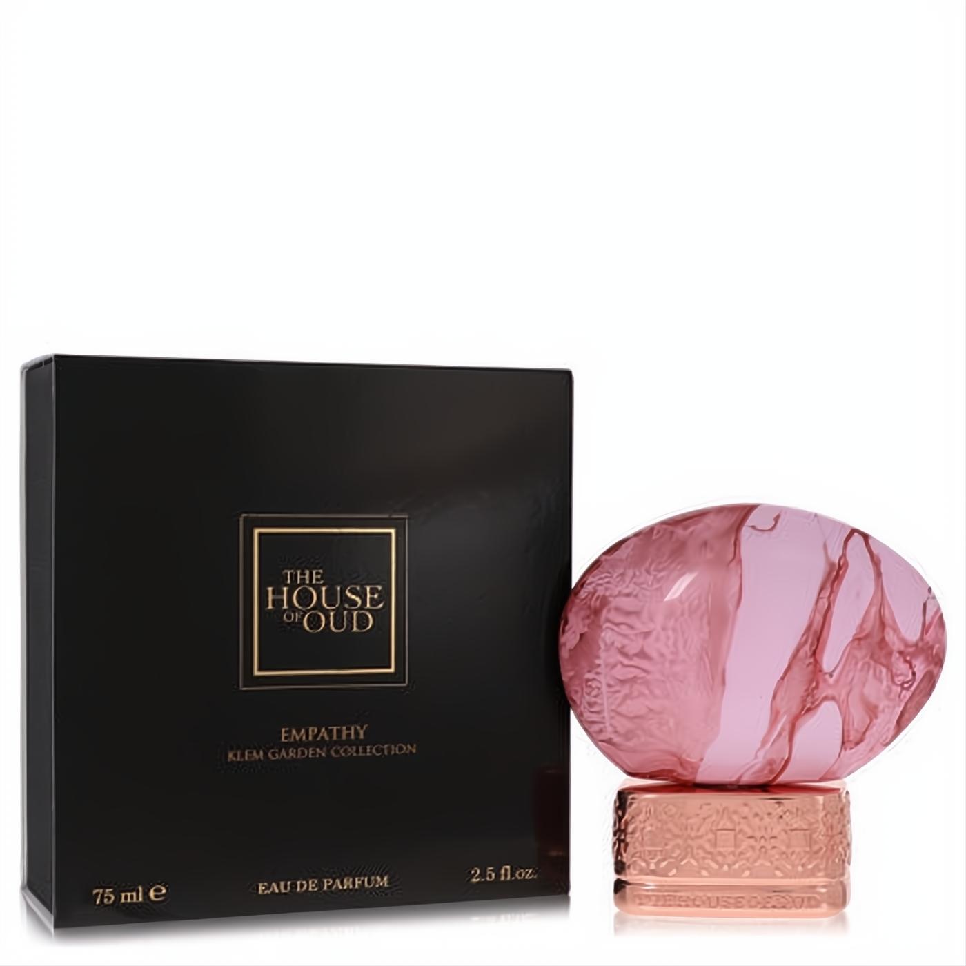 Luxurious The House of Oud Empathy 2.5 oz unisex EDP. Features a stunning marbled pink and rose gold oval bottle next to its elegant black box.
